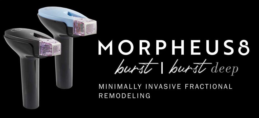 Two sleek, handheld Morpheus8 devices on a black background with the text "burst | burst deep. Minimally Invasive Fractional Remodeling."