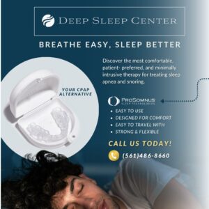 Advertisement for Deep Sleep Center featuring a sleeping person and a dental device as a CPAP alternative for sleep apnea. Includes contact info."