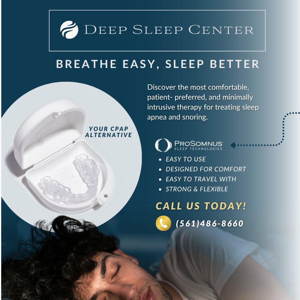 Advertisement for Deep Sleep Center featuring a sleeping person and a dental device as a CPAP alternative for sleep apnea. Includes contact info."